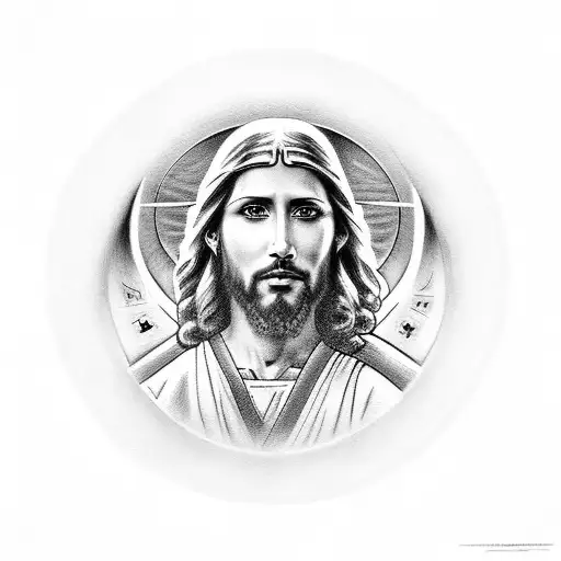 A Portrait Of Jesus With A Halo Made Of Music Symbols