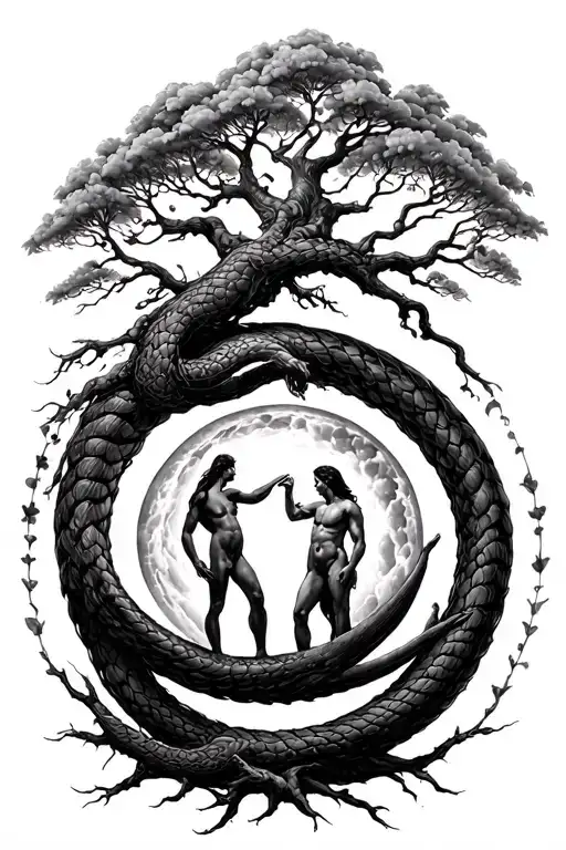 Ouroboros With Female And Male Bodies Interwined Into A Tree On Top