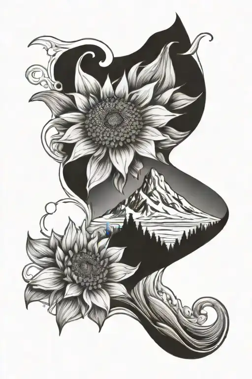 Mountain And Waves With Sunflower Astaria And Daffodil