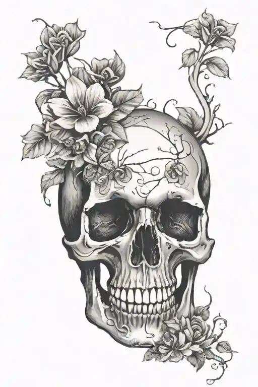 Graveyard Fading Into A Skull With Flowers On The Side