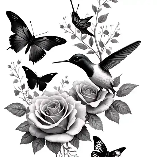 Butterflies Roses And Hummingbird