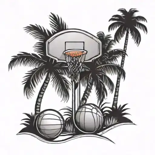 A Vacation Scene With A Basketball Hoop And Softball Bat Leaning Against A Palm Tree