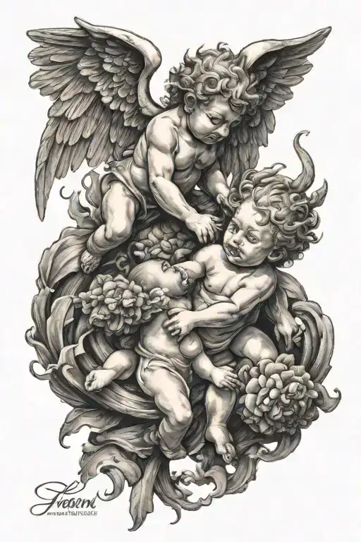 Two Baby Angels Fighting A Demon