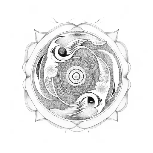 Japanese Kio Fish Yingyang Design With Waves And Lotus Flower