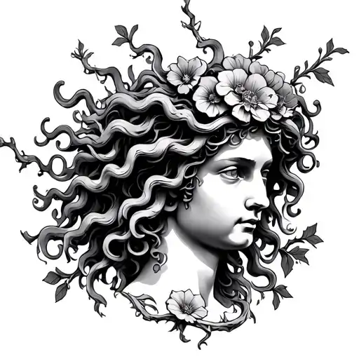 Medusa Head Stone Bust Roots And Vines For Hair With Flowers