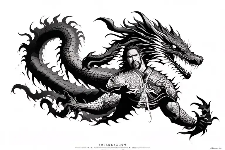 Back Piece In Full Black And Grey Samurai Vs Dragon