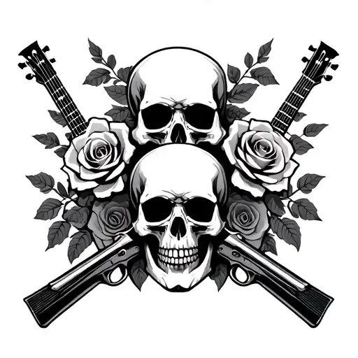 Pile Of Skulls With Revolver And Guitar And Small Roses