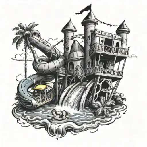 A Fun-filled Tattoo Featuring A Giant Bounce House With Water Slide Elements Intertwined Throughout