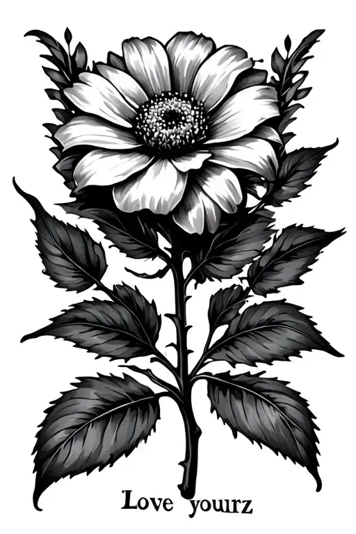 Spine Tattoo Of Flower With Stem That Says Love Yourz