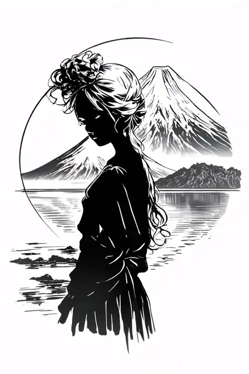 Girl's Sketch Against The Background Of Mount Fuji