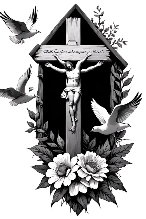 Cross Coming Out Of Flowers With Doves Flying Above With A Bible Quote Above The Cross