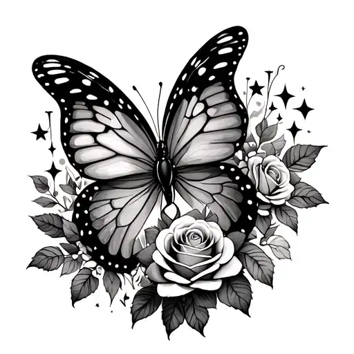 Butterfly With Stars Roses And A Heart Beat Line