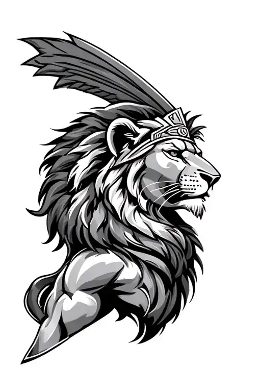 Lion With A Spartan Warrior Facing
