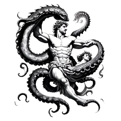 Poseidon Fighting With Kraken Attacking
