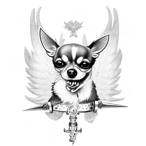 Chihuahua With Wings And A Dagger In Its Mouth