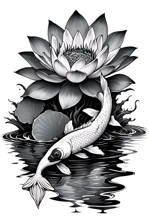 Lotus Flower With Koi Fish Swimming Upstream