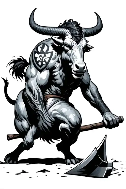 A Minotaur With A Taurus Symbol On His Shoulder Hitting The Ground With His Axe Embedded