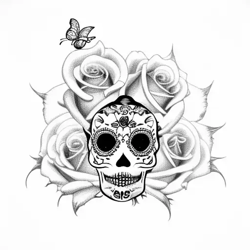 Sugar Skull Lady With Roses And Butterfly