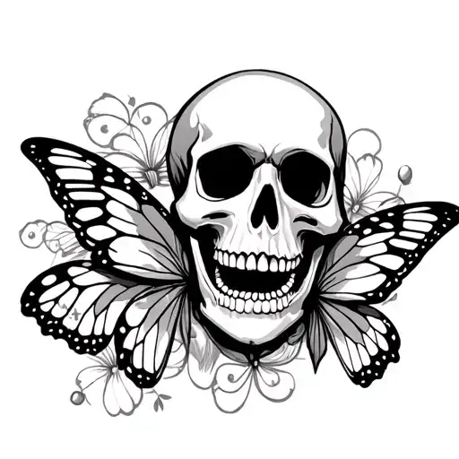 Japanese Skeleton Skull With Butterfly