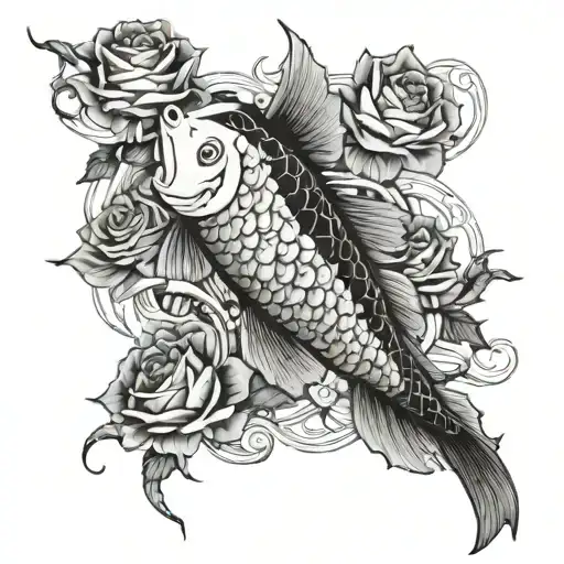Koi Fish Swimming With Rose Vines Around A Broken