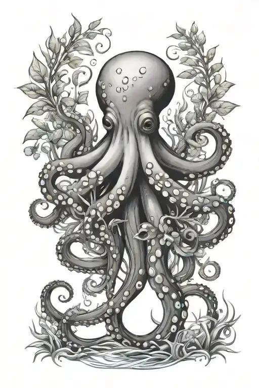 Octopus Hiding In Underwater Plants Intertwined