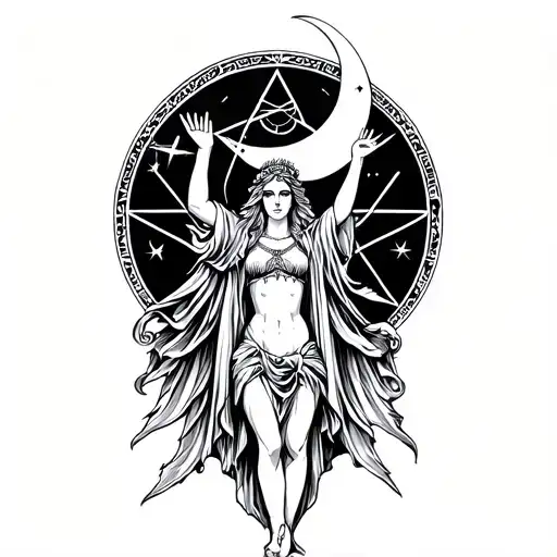 Pentagram With A Goddess Figure Holding A Crescent Moon Above Her Head