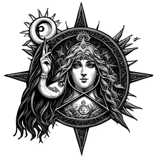 Pentagram With A Goddess Figure Holding A Crescent Moon Above Her Head