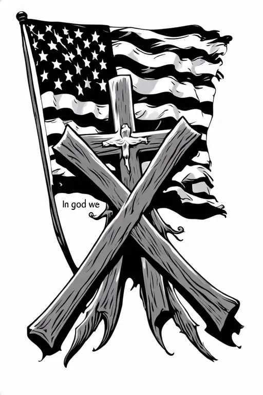 Three Crosses With An American Flag In The Background That Says In God We Trust