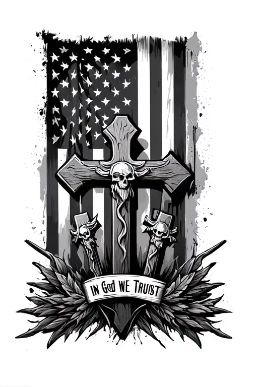 Three Crosses With An American Flag In The Background That Says In God We Trust