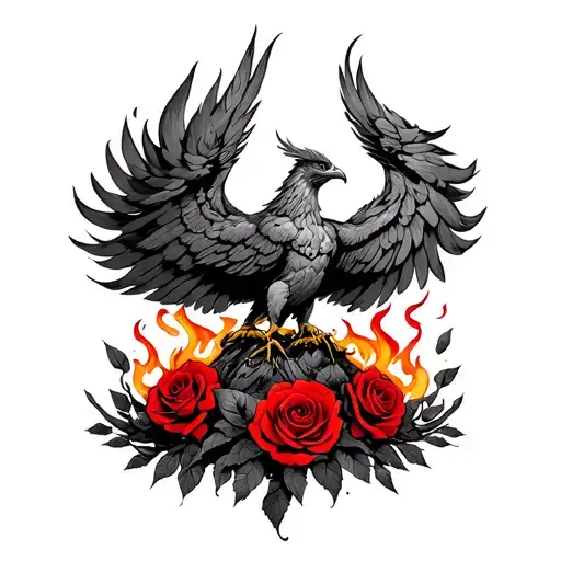 Phoenix Rising From The Ashes With Red Roses Burning