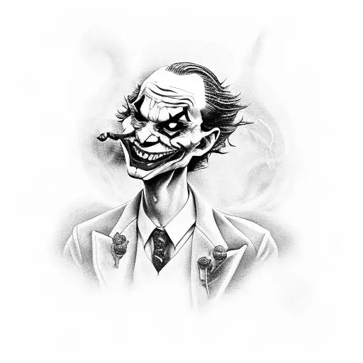 A Black-grey Tattoo Of A Joker Smoking Weed While Playing A Musical Instrument