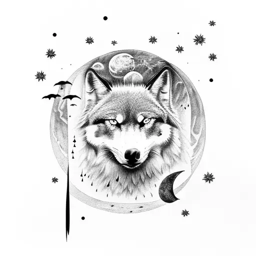 Autumn Landscape Moon In The Night Sky Wolf Crow