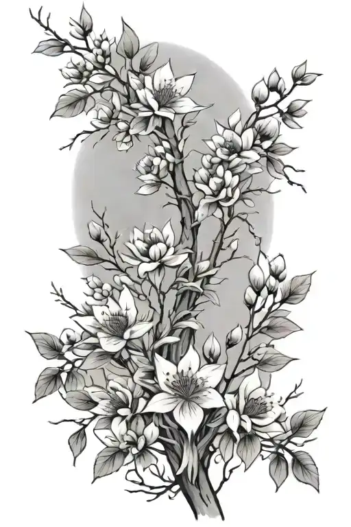 Skinny Spine Tattoo With Branches Of Willow Tree And Flowers With Manatatee