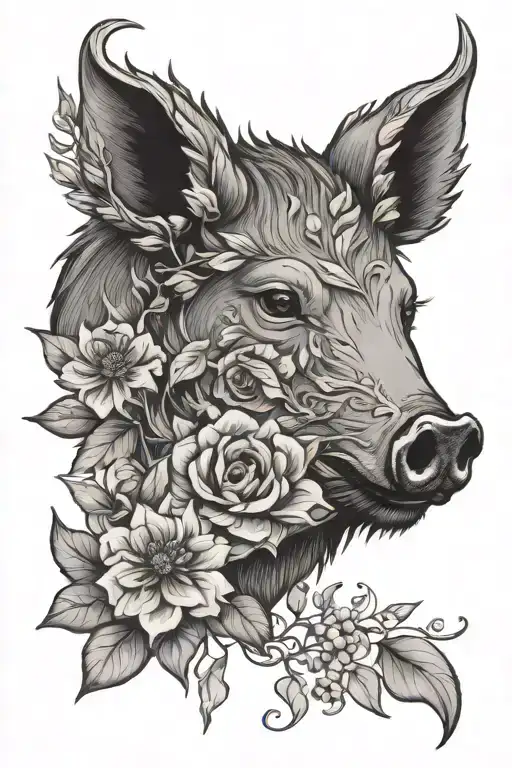 Boar Head With Flowers And Leaves Growing