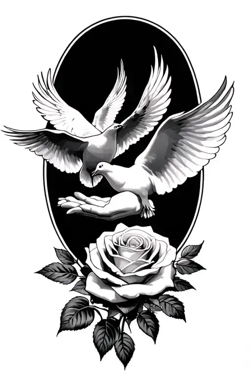 Dove's Flying Over Hands Reaching Over A Rose