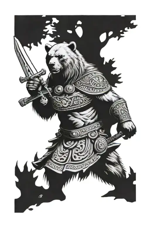 On The Background Is A Tree In Front Of A Warrior Bear In Slavic Style