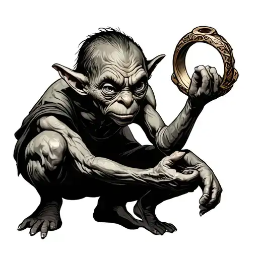 Cartoon Gollum Crouching Holding The One Ring