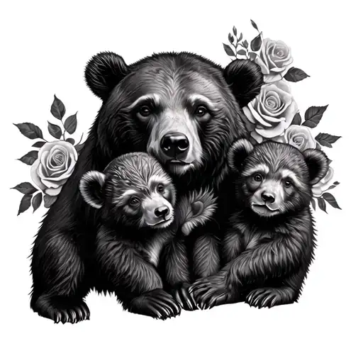 Momma Bear With 2 Cubs Intertwined With Roses