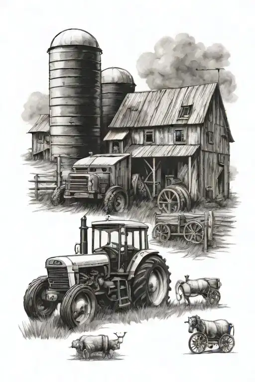 Tractor And Car In Front Of The Farm