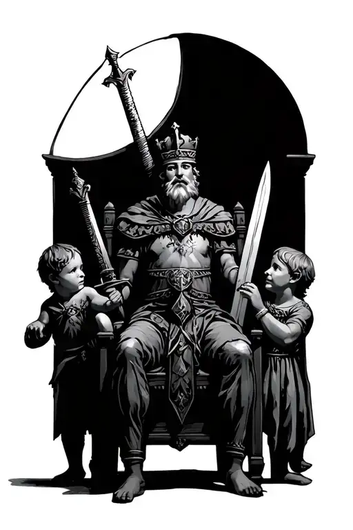 Make A Medieval Tatto Whit A Quen In A Chair An One King Whit A Sword And Two Boys