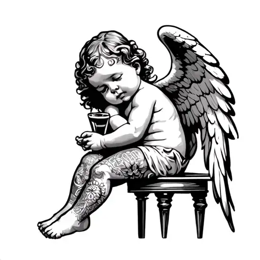 Angel Baby With Tattoos Sitting At Bar