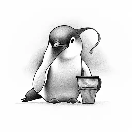 A Penguin Drinking Coffee In A Library