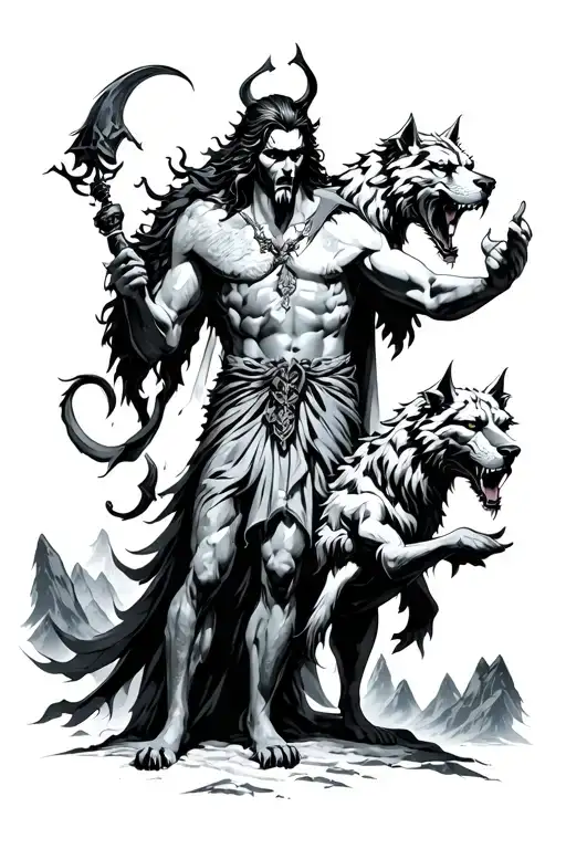 Hades Holding Cerberus Mountains In Background In Underworld