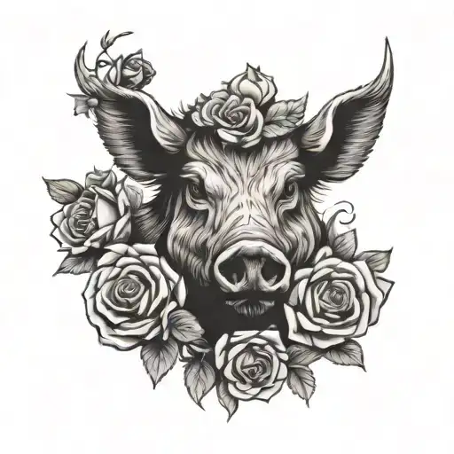 Wild Boar Head And Roses