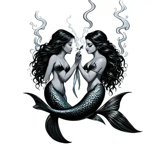 2 Mermaids Smoking Blunts In Pisces Symbol