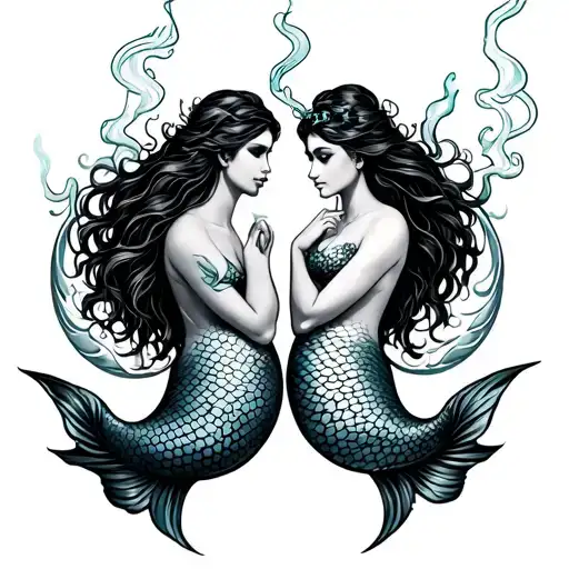 2 Mermaids Smoking Blunts In Pisces Symbol