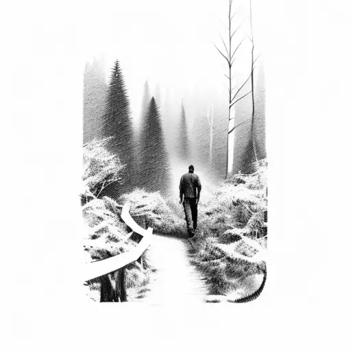 Man Walking In A Way In The Forest At Night