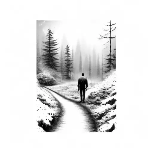 Man Walking In A Way In The Forest At Night