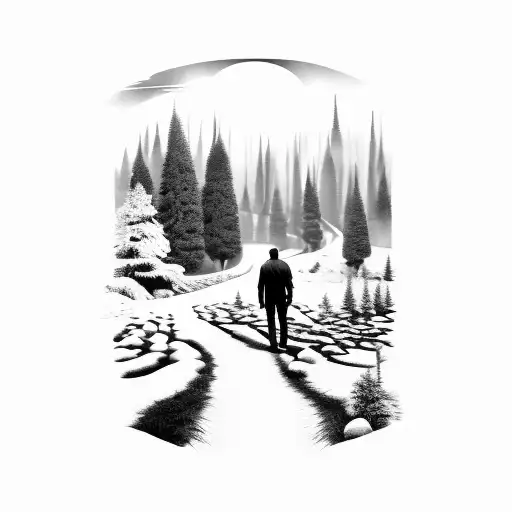 Man Walking In A Way In The Forest At Night