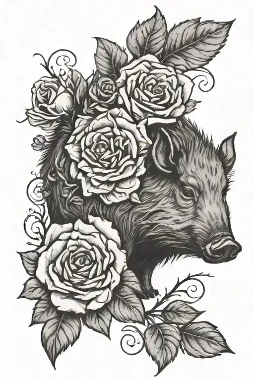 Wild Boar Looking Forward With Roses Around It